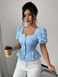 Women's Floral Print Puff Sleeve Shirt, Elegant Fashion Casual Square Neck Top for Daily Outdoor Wear, Ladies Clothes for Summer