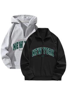 Men's Letter Print Half  Zip Up Hoodie, Casual Loose Drop Shoulder Long Sleeve Hooded Sweatshirt for Fall & Winter, Men's Clothes for Daily Wear