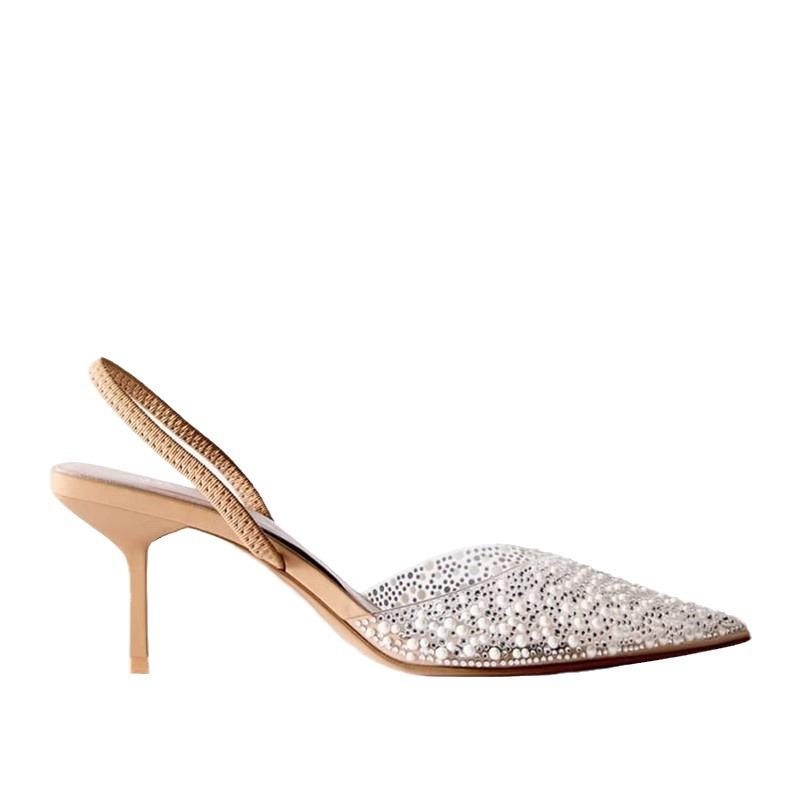 New Summer High Heel Sandals With Pointed Tip Fine Heel Shallow Mouth Rear Hollow Pearl Decoration Strap Back Women's Sandals 5