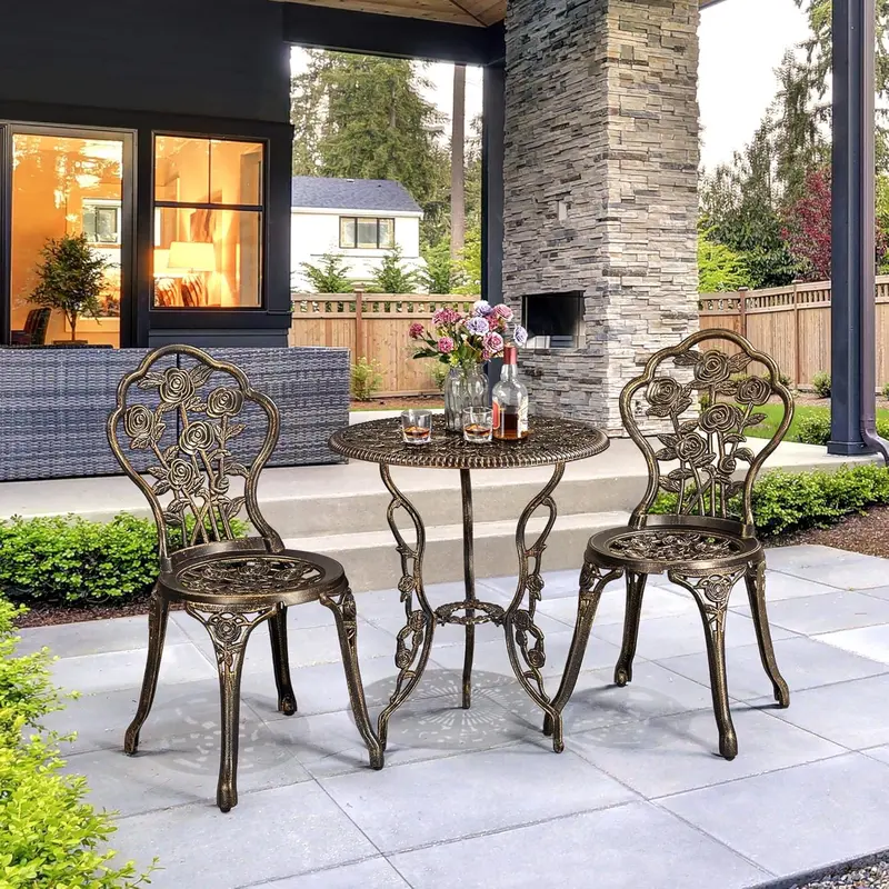 3-Piece Patio Bistro Set, Outdoor AluminumTable and Chairs, Garden Dinging Furniture, Rose Design for Balcony, Porch, Lawn, Pool, Bronze 6