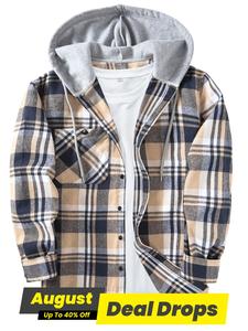 【Plus Size】 Plaid Print Button Front Drawstring Hooded Shirt, Casual Regular Fit Long Sleeve Pocket Top for Daily Wear, Winter Clothing Men, Men's Clothing for All Seasons