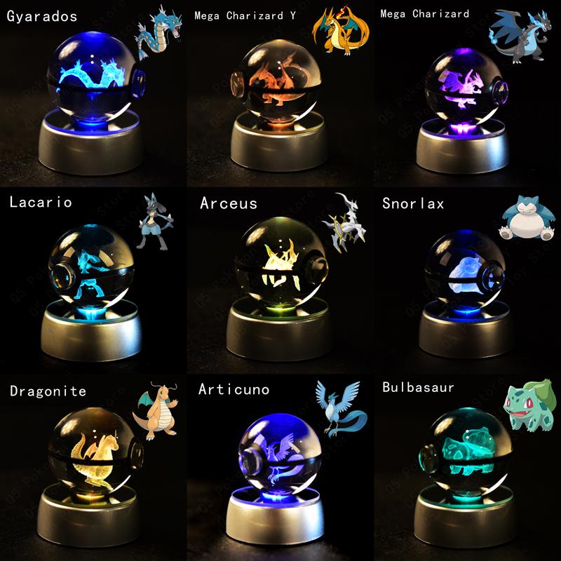 Pokemon 3D Crystal Ball Pikachu Gengar Mew Mewtwo Figurines Lamp Base Pokeball 3D Pokemon Glass Ball Statue Kids Birthday Gift 3