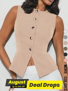Women's Solid Color Button Front Suit Vest, Elegant Fashion Casual Sleeveless Blazer Vest for Work Office Business, Ladies Spring & Fall Clothes, Womenswear, Formal Workwear, Business Attire Clothes