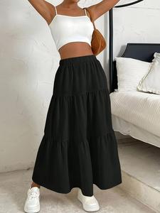 Women's Plain Ruffle Hem Flared Skirt, Casual Boho High Waist Long Skirt for Daily Wear, Summer Outfits 2024, Ladies Bottoms for All Seasons
