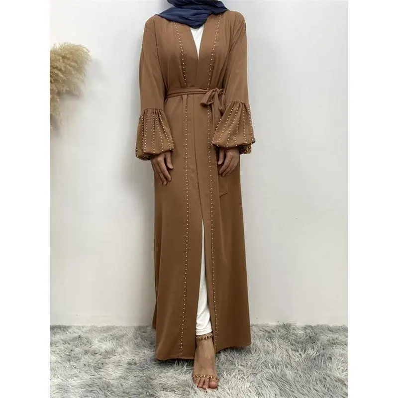 Women's Faux Pearls Decor Tie Front Abaya Without Hijab, Modest Long Sleeve Maxi Abaya, Summer Outfits 2024, Muslim Clothes For Women 3