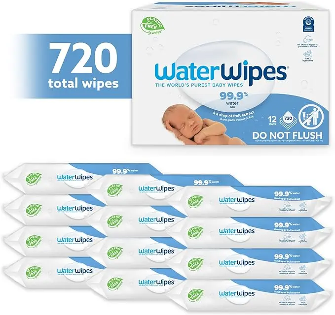 WaterWipes Plastic-Free Original Baby Wipes, 99.9% Water Based Wipes, Unscented for Sensitive Skin, 720 count (Pack of 12) 0