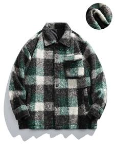 Men's Solid Drop Shoulder Pocket Fuzzy Jacket, Loose Casual Long Sleeve Button Front Outerwear for Fall & Winter, Men's Clothes for Daily Wear