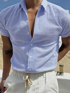 Men's Striped Shortsleeve Shirt, Casual Comfy Breathable Top for Summer, Men's Clothes for Beach Vacation, Menswear