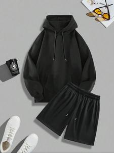 Men's Solid Kangaroo Pocket Hoodie & Drawstring Waist Shorts Set, Casual Long Sleeve Hooded Sweatshirt & Track Shorts, Men's Spring & Fall Clothes
