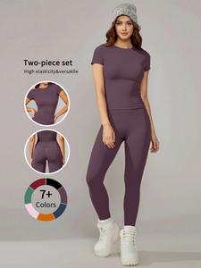Women's Sporty Fitness Casual Running Yoga Set, High Elasticity Ruched Design, Short Sleeve Long Pants, Indoor Outdoor Wear, All Seasons, Athletic Activewear Tracksuits