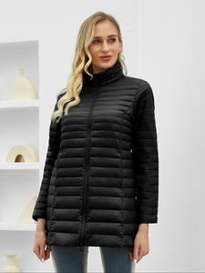 Women's Solid Zip Up Funnel Neck Down Coat, Casual Long Sleeve Pocket Design Down Jacket for Fall & Winter, Women's Clothing for Daily Wear