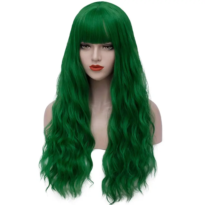 Craigs bits and bobs Sallcks Womens Long Curly Wavy Green Wig with Bangs Synthetid Heat Resistant Halloween Cosplay Costume Wigs 2