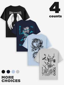 【Plus Size】 Men's Dragon & Wings & Bird Print Short Sleeve Graphic Tee, Casual Comfy Round Neck T-shirt for Summer, Men's Plus Size Top for Daily Wear, Casual Style Tee
