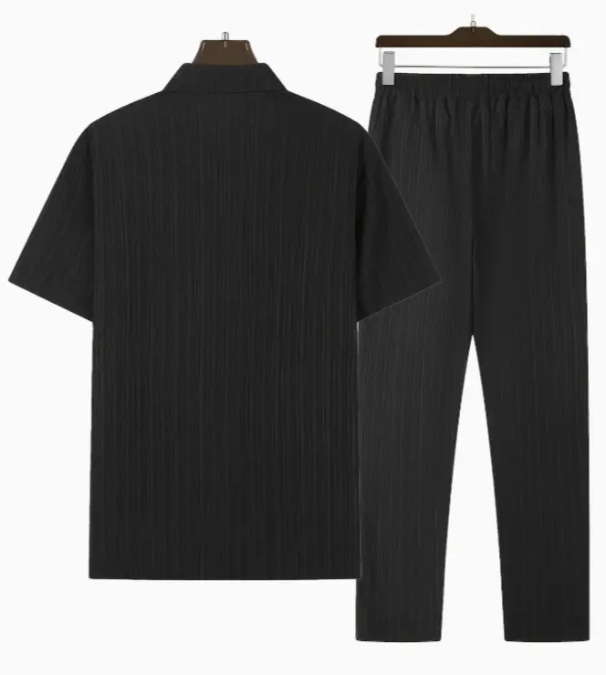 Men's casual striped short-sleeved sports suit with button-down shirt collar and elastic waistband pants, made of polyester textile elastane blend, summer two-piece suit 2