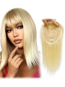 18 Inch Long Blonde Clip-in  Human Hair  Topper with Bangs, Natural Fluffy Handmade Clip in Hair Replacement System for Women, Wigs for Party, Daily Use