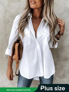 【Plus Size】Plain Pocket Button Front High Low Hem Shirt Blouse, Lady Casual Drop Shoulder Roll Up Sleeve Shirt for Summer, Women's Clothes for Daily Wear, Womenswear, Minimalist Long Sleeve Shirts, Casual Style Shirt