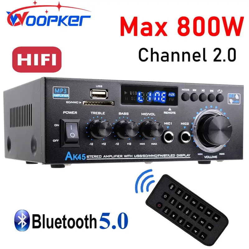 Woopker AK45 HiFi Digital Amplifier Max Power 90Wx2 Channel 2.0 Bluetooth Surround Sound AMP Speaker for Home 0