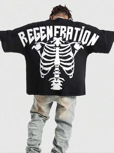 Men's Letter Skeleton Print Round Neck Tee, Loose Casual Fashion Short Sleeve T-shirt for Summer, Men's Top for Daily Wear, Halloween