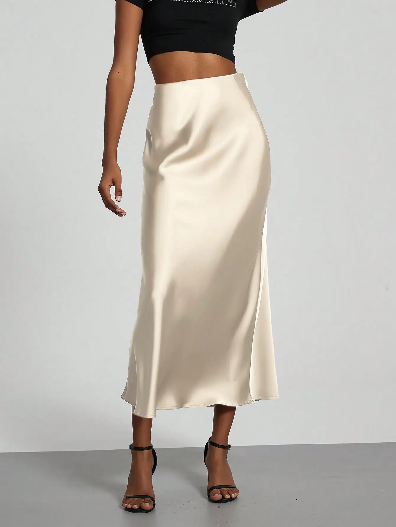 Women's Silk Satin Texture Elastic Midi Skirt for Fall and Winter - Womenswear, Bottoms