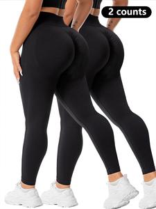【Plus Size】 Solid High Waist Sports Leggings, Sporty High Stretch Yoga Tummy Control Leggings, Ladies Sportswear for Indoor Outdoor Wear