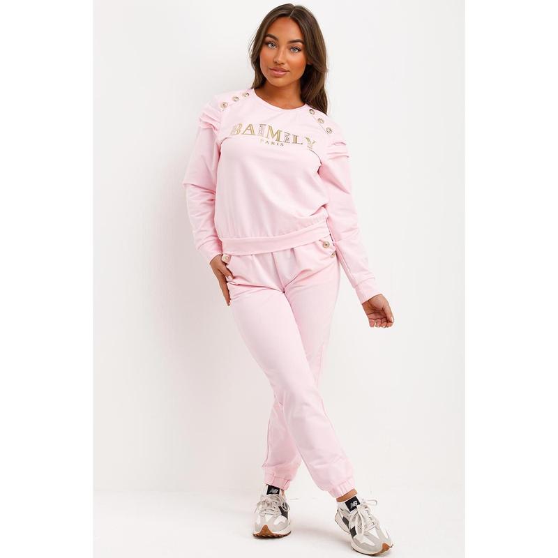 Gold Button Frill Shoulder Loungewear Set Pink 5