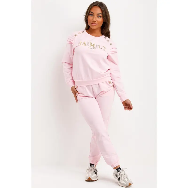 Gold Button Frill Shoulder Loungewear Set Pink 5