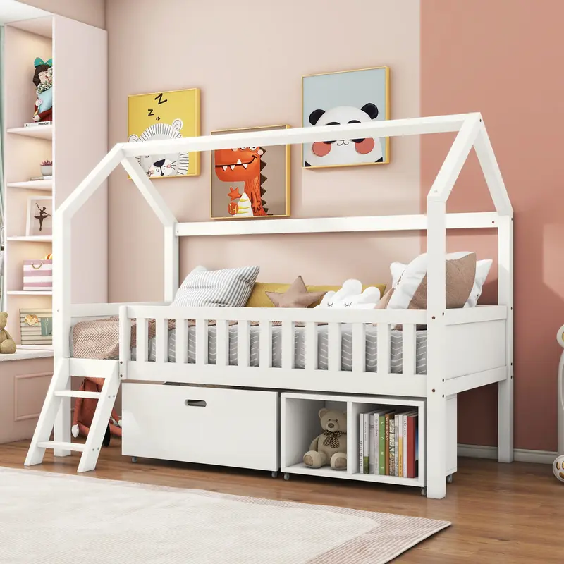 Household bed, children's bed, teen bed, 90*190cm, with drawers, with storage compartments, suitable for boys and girls, with anti-fall railings, white 2