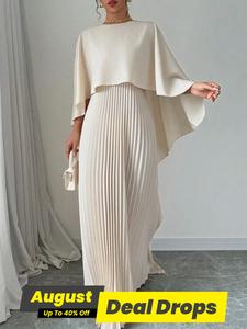 Women's Plain Pleated Cloak Sleeve Maxi Dress, Chic Elegant Round Neck Long Sleeve Dress for Party Holiday Wedding Guest, Dress for Women, Ladies Spring & Fall Longsleeves Clothes, Womenswear, Minimalist Gowns Beautiful Gowns