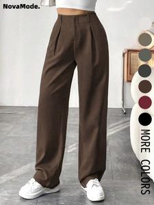 Women's Solid Color Plicated Pocket Wide Leg Pants, Elegant Zipper Fly Trousers for Work Office Business, Ladies Spring & Fall Clothes