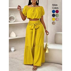 Women's Solid Color Top and Wide-Leg Pants Set, Casual Breathable Loose Fit Off-Shoulder Top and Wide-Leg Pants Suitable for Summer, Women's Beach Vacation Outfit, Short Sleeve Women's Clothing Womenswear Gamis spotlight  clothes 2  pcs travel  fit outfit