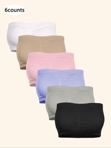 Women's 6pcs Solid Ruched Wireless Bandeau Bra, Seamless Bra, Summer Outfits 2024, Casual Comfortable Breathable Lingerie for Daily Wear, Softness Lingerie for All Seasons, Fall Clothes