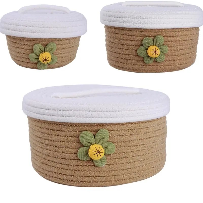 A Set of Three Large Covered Storage Baskets, Handmade Woven Fresh Style Desktop Decoration, Organizing Household Miscellaneous Items 0