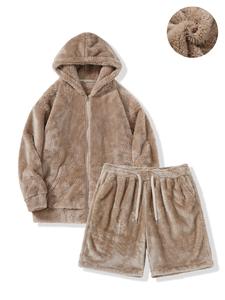 Men's Solid Drop Shoulder Zip Up Pocket Hoodie & Drawstring Waist Shorts Thermal Lined Fuzzy Set, Loose Casual Fashion Cozy Breathable Two-piece Outfits for Daily Outdoor Wear, Men Clothes for Fall & Winter