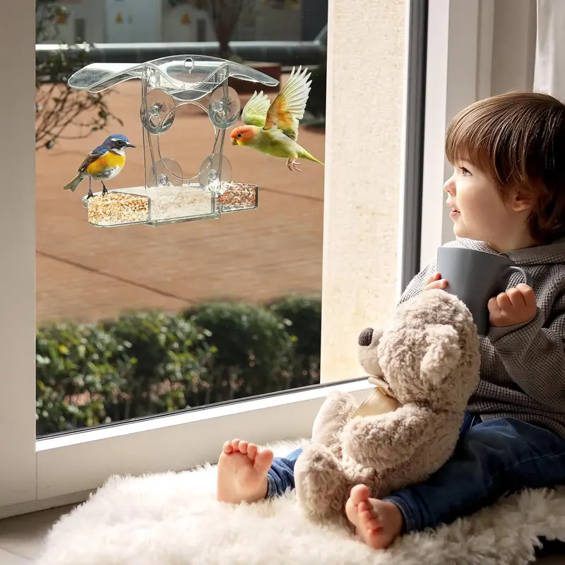 Window Bird Feeders with Detachable Seed Tray for Small Birds, Acrylic Clear Bird Feeders with Drainage Holes for Gardening Gifts, 4 Extra Strong Suction Cups 1