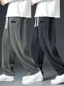 Men's Letter Patched Drawstring Waist Corduroy Pants, Casual Comfy Straight Leg Trousers for Spring & Fall, Knitting Bottoms for Men