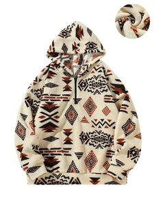 Men's Ethnic Pattern Zip Up Thermal Lined Hoodie, Casual Loose Long Sleeve Hooded Sweatshirt for Winter, Fashion Men's Clothes for Daily Wear