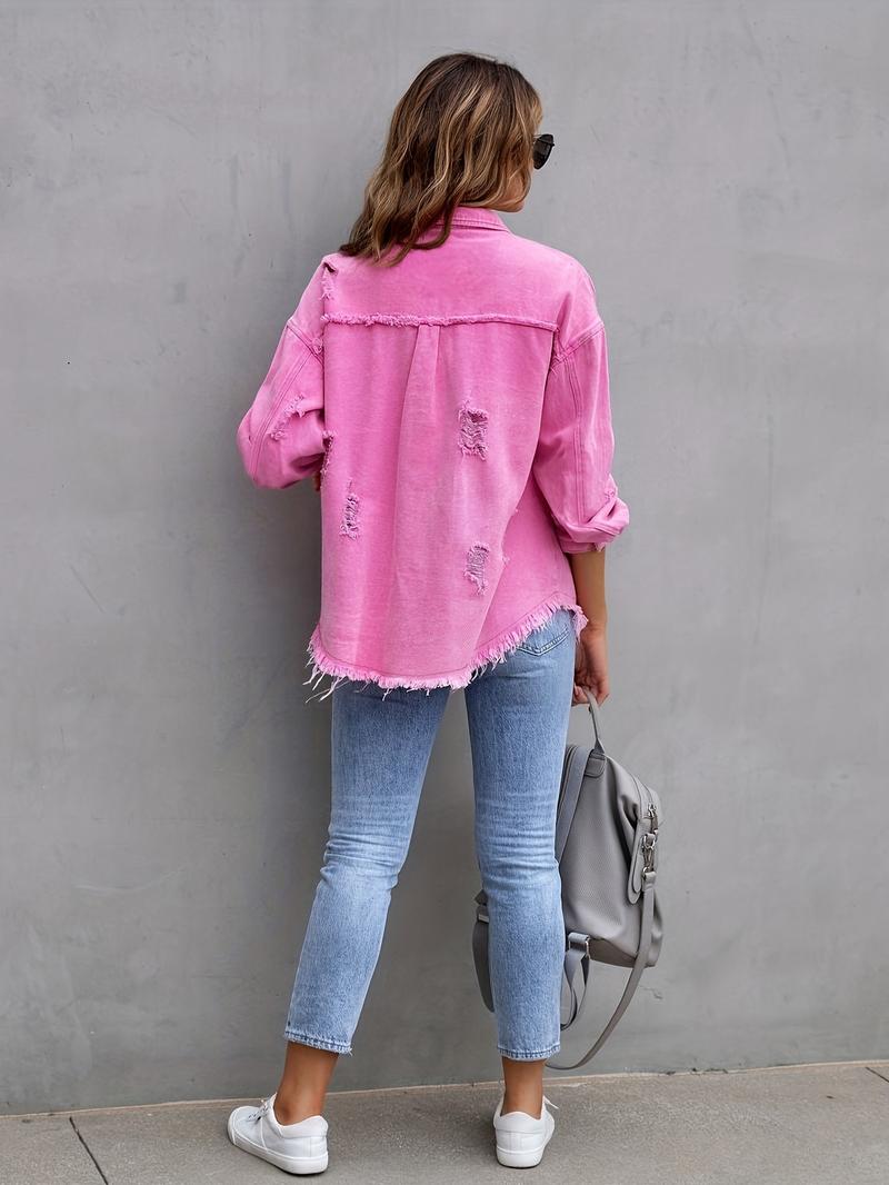 Product Introduction of 2025 New Denim Jacket Women's Solid Color Loose Jacket Ripped Long Sleeve Women's Denim Shirt Hot Selling 1