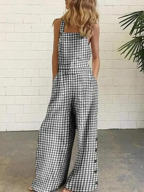 Women's Plaid Print Jumpsuit, Casual ComfyWide Leg Overalls for Daily Wear, Ladies Overallsfor All Seasons 0