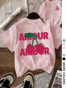 Women's Cherry & Letter Print Round Neck Tee, Vintage Trendy Casual Short Sleeve T-shirt for Daily Wear, Ladies Summer Outfit, Top