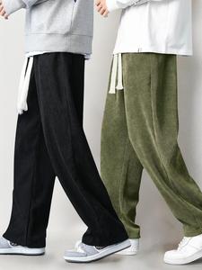 Men's Solid Drawstring Waist Corduroy Pants, Casual Comfy Straight Leg Trousers for Fall & Winter, Men's Bottoms for Daily Wear