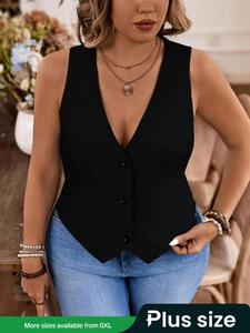 【plus Size】 Solid Color Vneck Fitted Vest, Casual Basic Sleeveless Outerwear for Daily Wear, Women's Plus Clothing for All Seasons, Womenswear, Lady Black Elastic Basic Vest, Button Front Vest, Sleeveless Blazer Vest