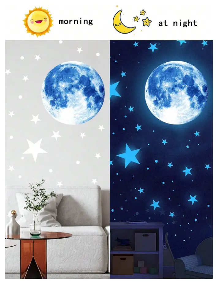 Star & Moon Print Wall Sticker, Glow In The Dark Blue Galaxy Wall Decal, For Kids Bedroom Decor Nighttime Starry Sky Pattern Wall Stickers Valentine DAY, Valentines Wedding, Birthday