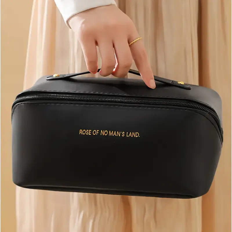 Large Capacity Waterproof Travel Cosmetic Bag with Dividers & Handle - Durable Faux Leather Makeup Organizer for Women