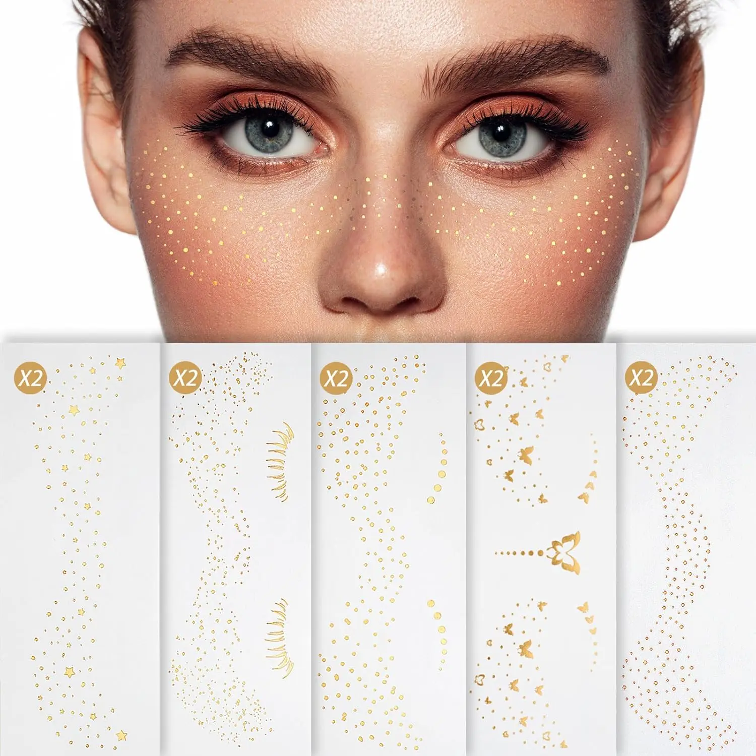 AUSLKA Glitter Freckles Face Tattoo, Glod Face Glitter Makeup Speckles 5 Styles in a Pack, Face Glitter Freckles Tattoos for Women, Gold Freckles Patch for Holiday Dance Music Party, 10 Sheets