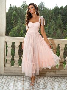 Women's Polka Dot Print Ruffle Hem Tie Shoulder Mesh A Line Dress, Elegant Chic Tie Shoulder Dress for Homecoming Birthday Party Prom Wedding Guest, Lady Summer Backless Clothes, Womenswear, Formal Ball Gown Dress, Baby Pink