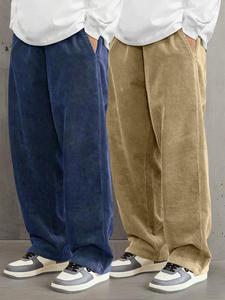 Men's All-Match Solid Color Side Pocket Design Corduroy Pants, Loose-Fitting Casual Comfy Drawstring Waist Straight Leg Trousers for Fall & Winter, Men's Draped Pants for Daily Wear