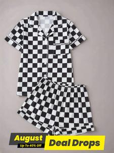 Women's Checkerboard Print Shortsleeve Lapel Neck Pajama, Casual Comfy Short Sleeve Button Front Chest Pocket Design Top & Elastic Waist Shorts Pj Set, Ladies Summer Sleepwear, Womenswear, Loungewear, Plaid Homewear, Sleepwear Pajamas Set