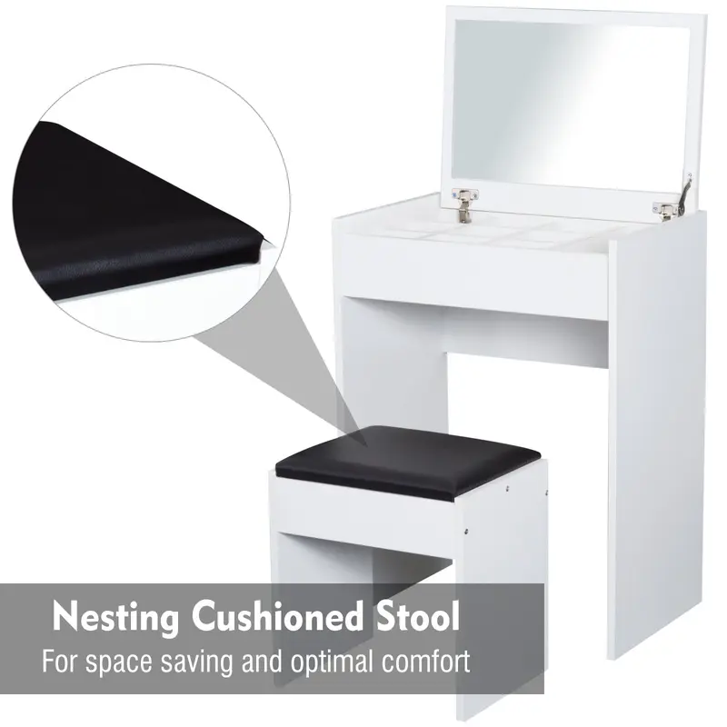 HOMCOM Dressing Table with Mirror and Stool, Vanity Makeup Table with Flip Up Mirror, Vanity Desk with Storage Unit and Padded Seat, White 5