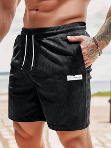 Men's Letter Tape Waist Corduroy Shorts, Loose Casual Comfy Breathable Shorts for Summer, Men's Bottoms for Daily Wear