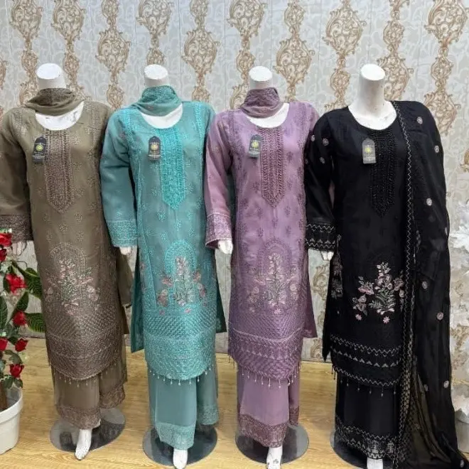 Long chiffon 3 Piece with palazzo trousers Womenswear Elegant Readymade